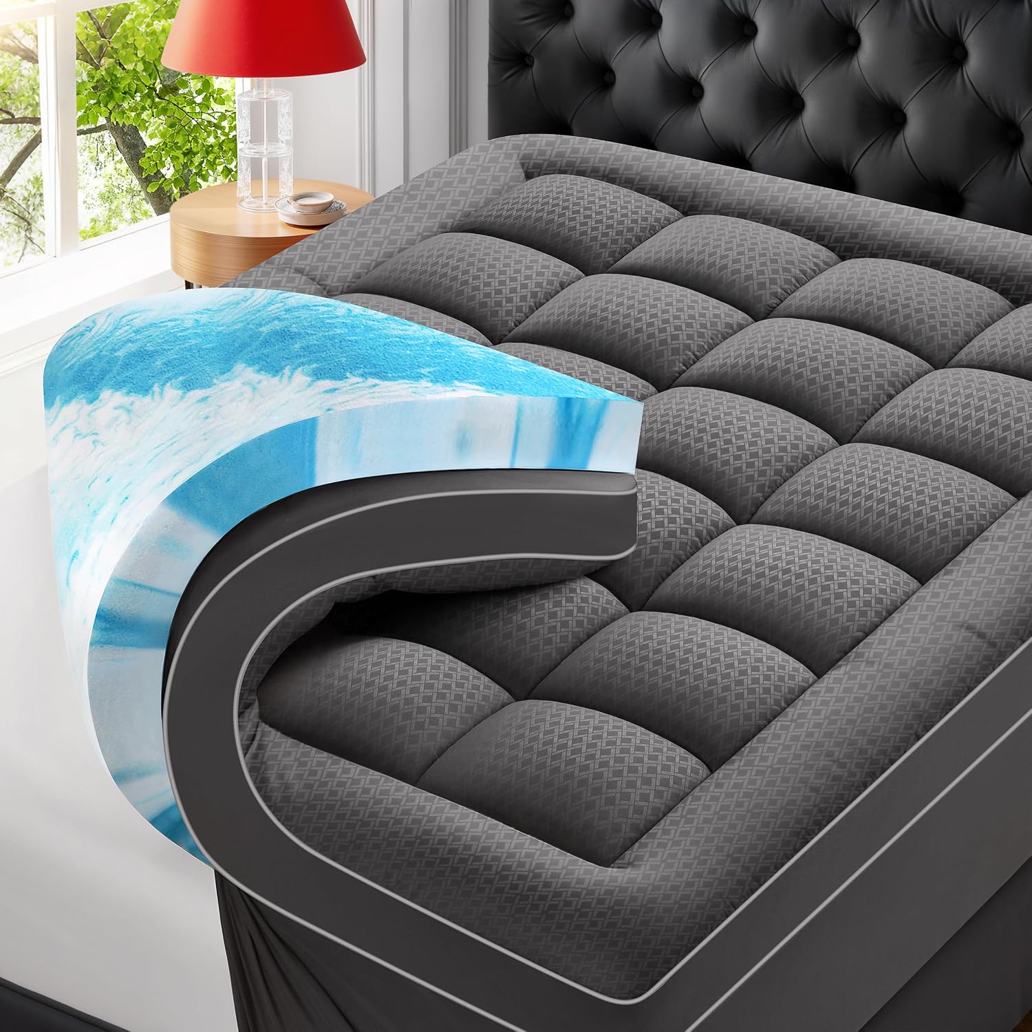 Premium Dual Layer 4 Inch Memory Foam Mattress Topper, 2 Inch Gel Memory Foam and 2 Inch Pillow Top Mattress Pad Cover for Back Pain, Extra Thick Comfort Support(Queen 60"x80") Grey